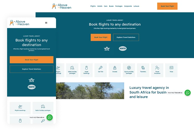 We designed and developed a travel website for Above The Heaven, a Mbombela-based travel agency, with a focus on making it easier for visitors to explore their services and book flights. The website integrates Travelstart's flight booking system directly into the site, creating a more seamless experience for customers.