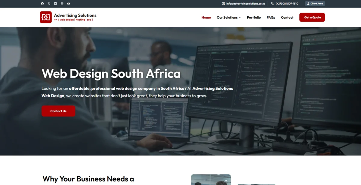 Since 2015, Advertising Solutions Web Design has empowered businesses across South Africa with exceptional online presences. Based in Pretoria, this web design specialist crafts affordable, dynamic websites, paired with dependable hosting and strategic SEO services. They are dedicated to helping small to medium-sized businesses thrive in the digital landscape, providing comprehensive solutions tailored to elevate online visibility and impact.