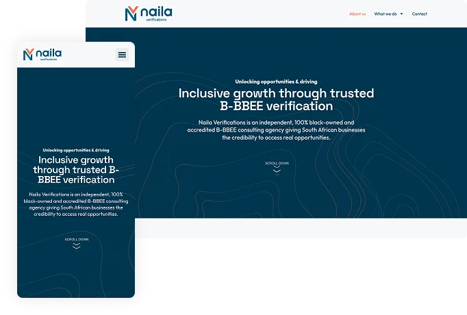 We designed and developed a professional corporate website for Naila Verifications, a B-BBEE rating agency based in Mbombela. Behind the simple front-end experience, we also developed a custom certificate validation system that allows visitors to verify certificates online using a unique certificate number and QR code.